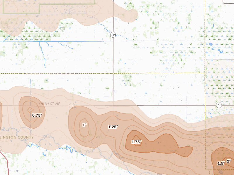 Radar-estimated hail-size map of the storm over Goodridge, MN on Jul 24, 2026