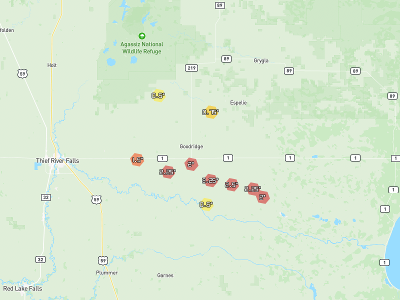Hail map of Goodridge, MN on Jul 25, 2026, hail up to 2.5"