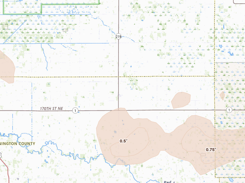 Radar-estimated hail-size map of the storm over Goodridge, MN on Jul 30, 2026