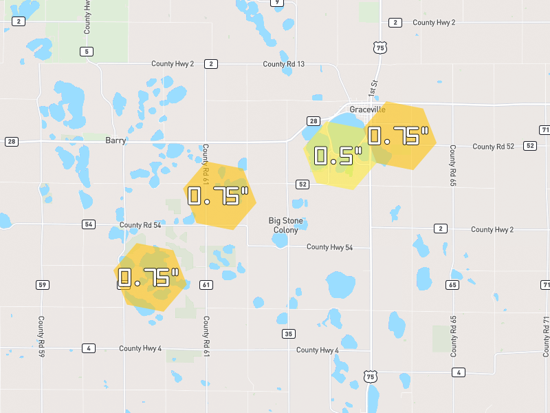 Hail map of Graceville, MN on Jun 30, 2026, hail up to 0.75"