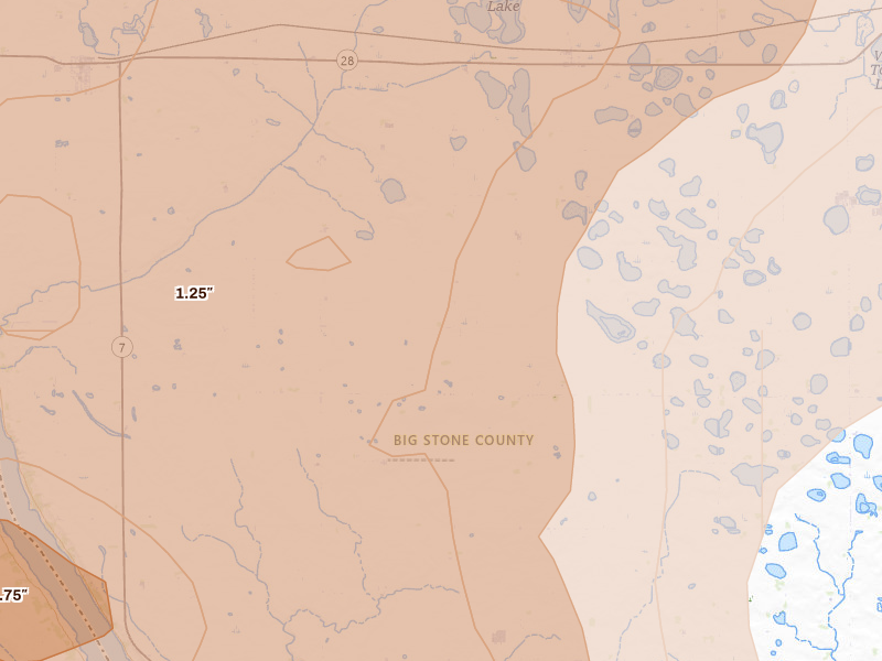 Radar-estimated hail-size map of the storm over Graceville, MN on Jul 6, 2026