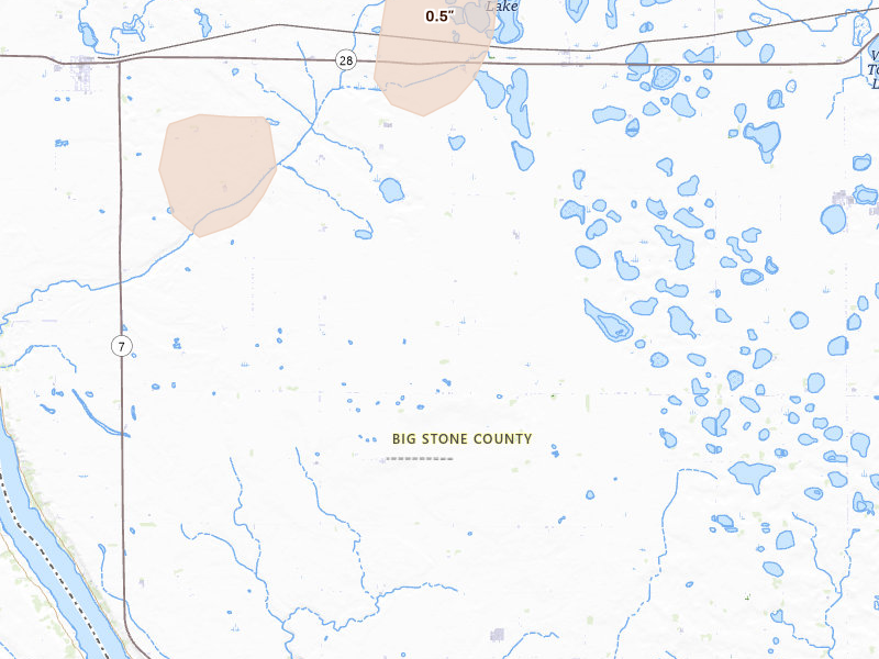 Radar-estimated hail-size map of the storm over Graceville, MN on Jul 10, 2026