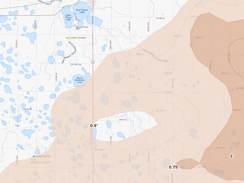 Radar-estimated hail-size map of the storm over Graceville, MN