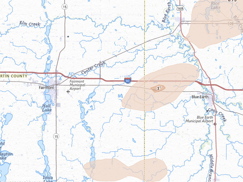 Radar-estimated hail-size map of the storm over Granada, MN on May 15, 2026