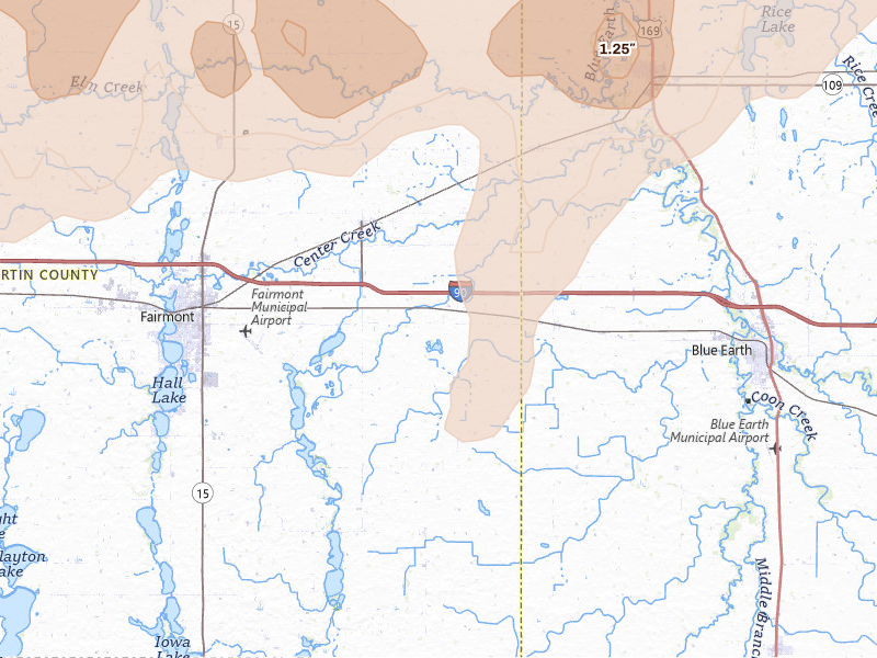 Radar-estimated hail-size map of the storm over Granada, MN on May 17, 2026