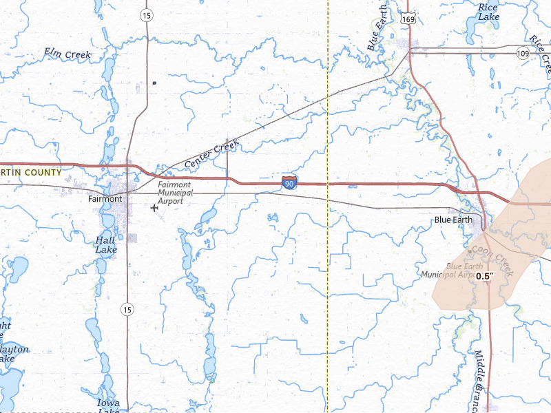Radar-estimated hail-size map of the storm over Granada, MN on May 18, 2026