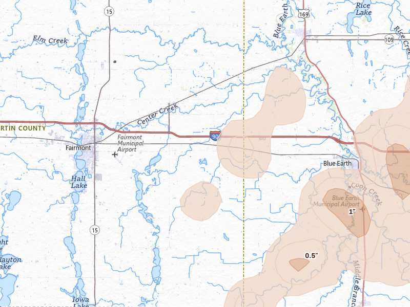 Radar-estimated hail-size map of the storm over Granada, MN on Jun 29, 2026
