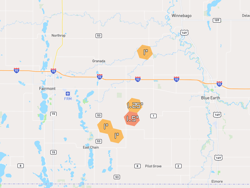 Hail map of Granada, MN on Jun 30, 2026, hail up to 1.5"