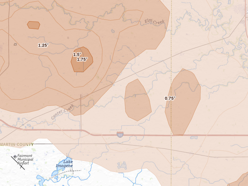 Radar-estimated hail-size map of the storm over Granada, MN on Aug 7, 2026