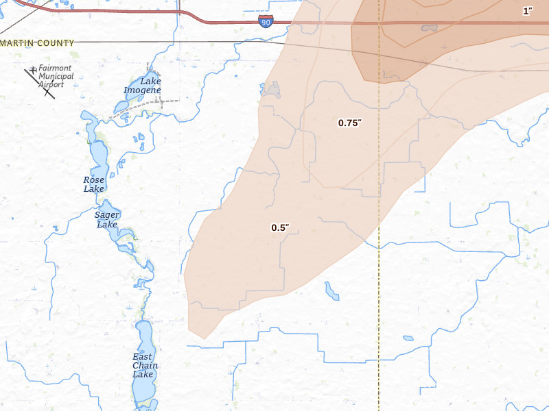 Radar-estimated hail-size map of the storm over Granada, MN on Sep 1, 2026