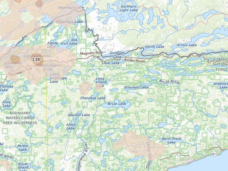 Radar-estimated hail-size map of the storm over Grand Marais, MN on Jul 19, 2026