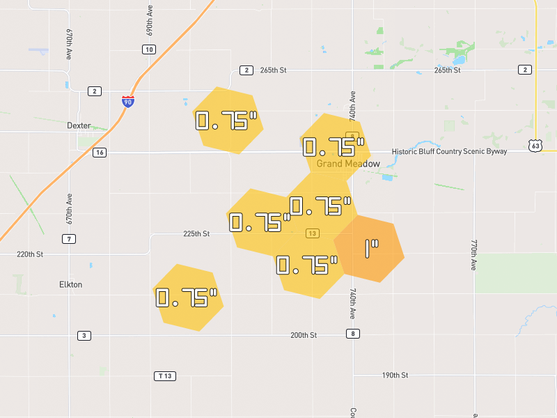 Hail map of Grand Meadow, MN on Jul 2, 2026, hail up to 1"