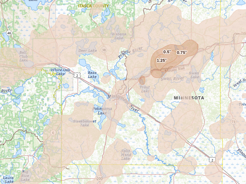 Radar-estimated hail-size map of the storm over Grand Rapids, MN on Jun 29, 2026