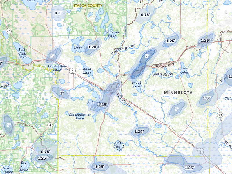 NEXRAD radar-signature map of the hail over Grand Rapids, MN