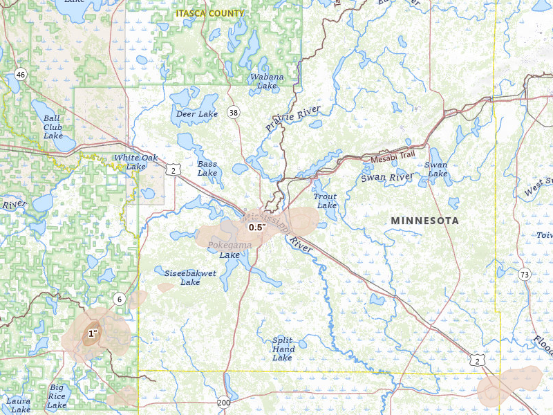 Radar-estimated hail-size map of the storm over Grand Rapids, MN on Jul 2, 2026