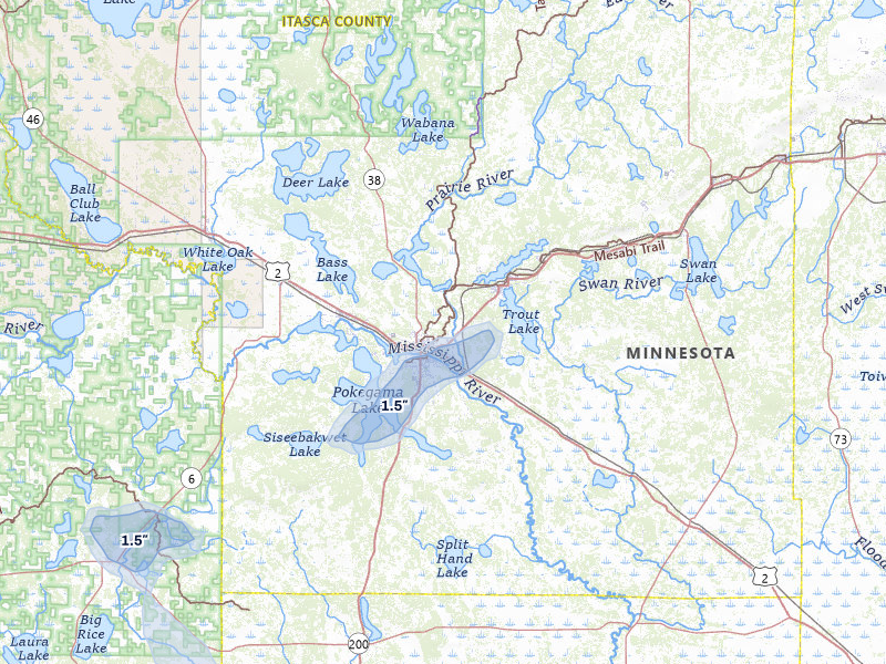 NEXRAD radar-signature map of the hail over Grand Rapids, MN