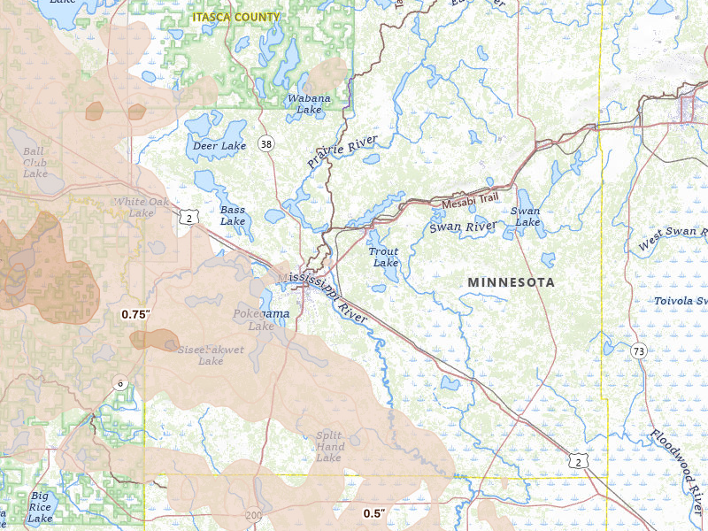 Radar-estimated hail-size map of the storm over Grand Rapids, MN on Sep 3, 2026