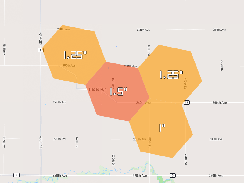 Hail map of Granite Falls, MN on Jun 5, 2026, hail up to 1.5"
