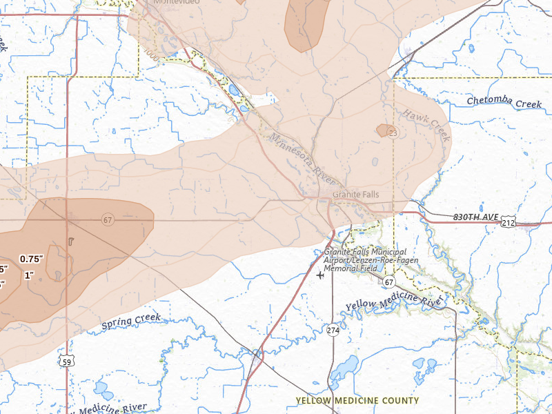 Radar-estimated hail-size map of the storm over Granite Falls, MN on Aug 6, 2026