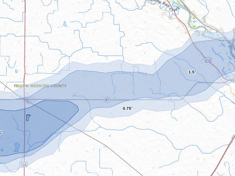 NEXRAD radar-signature map of the hail storm over Granite Falls, MN on Aug 6, 2026