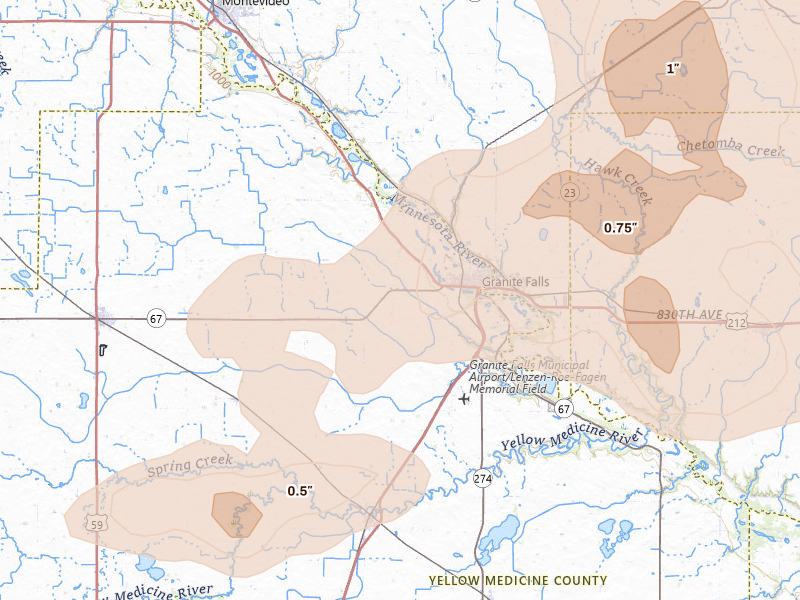 Radar-estimated hail-size map of the storm over Granite Falls, MN on Aug 7, 2026