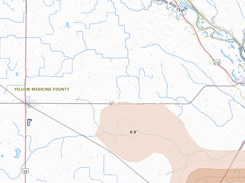Radar-estimated hail-size map of the storm over Granite Falls, MN on Aug 20, 2026