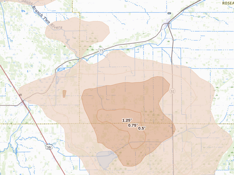 Radar-estimated hail-size map of the storm over Greenbush, MN on Jul 6, 2026