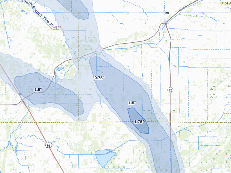 NEXRAD radar-signature map of the hail storm over Greenbush, MN on Jul 6, 2026