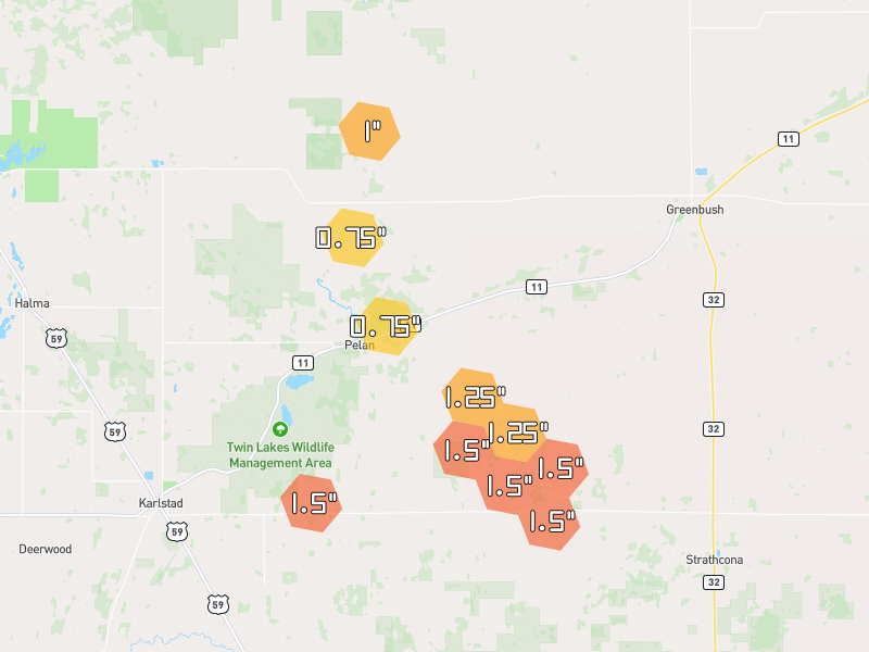 Hail map of Greenbush, MN on Jul 6, 2026, hail up to 1.5"