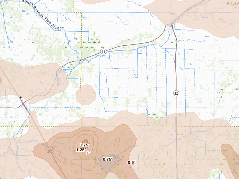 Radar-estimated hail-size map of the storm over Greenbush, MN on Jul 24, 2026