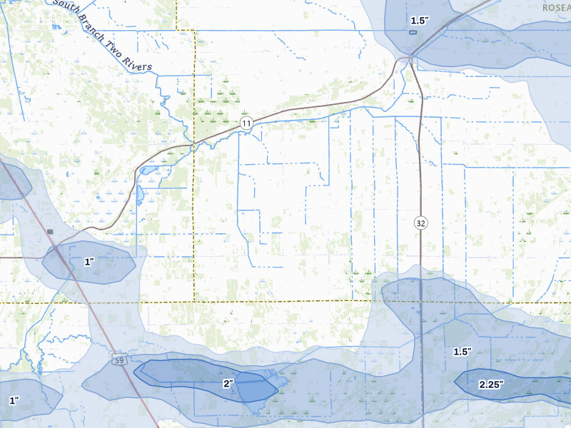 NEXRAD radar-signature map of the hail storm over Greenbush, MN on Jul 24, 2026
