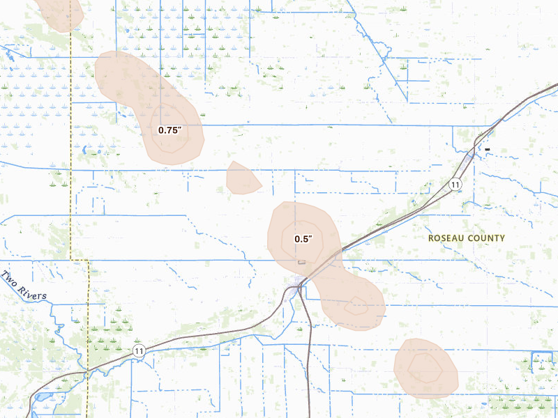 Radar-estimated hail-size map of the storm over Greenbush, MN on Aug 21, 2026