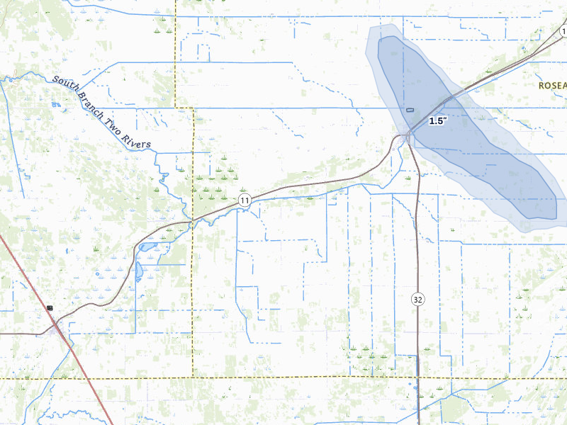 NEXRAD radar-signature map of the hail storm over Greenbush, MN on Aug 21, 2026