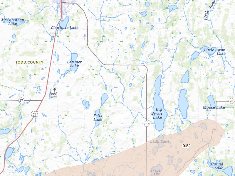 Radar-estimated hail-size map of the storm over Grey Eagle, MN on Jun 10, 2026