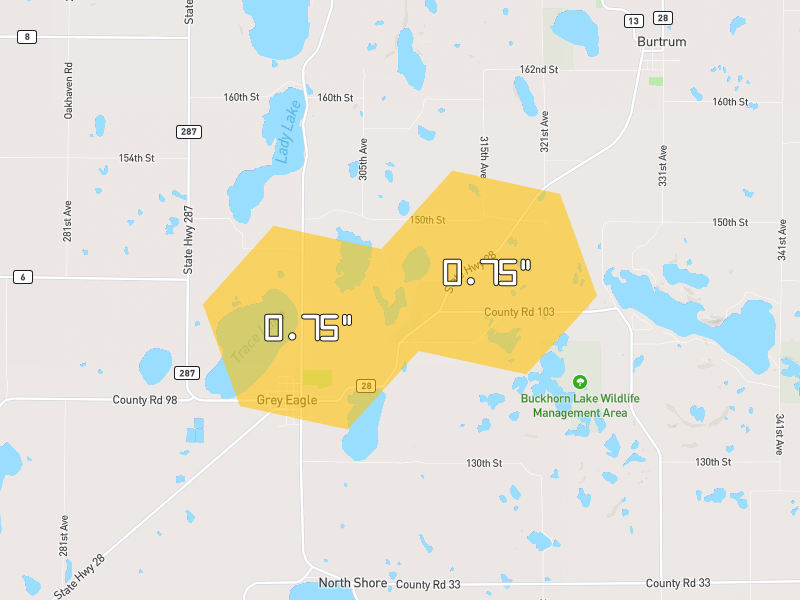 Hail map of Grey Eagle, MN on Jun 30, 2026, hail up to 0.75"