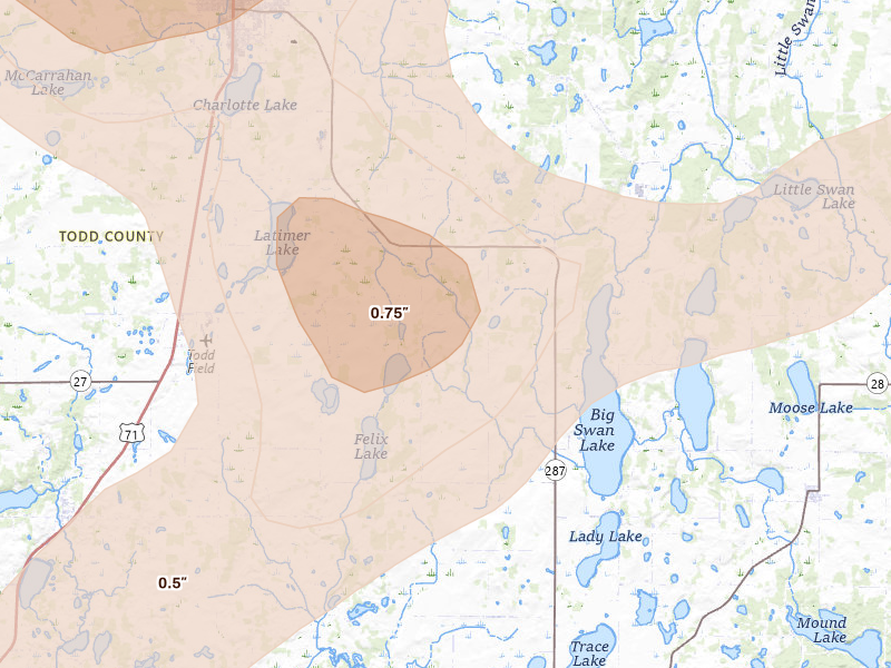 Radar-estimated hail-size map of the storm over Grey Eagle, MN on Jul 4, 2026