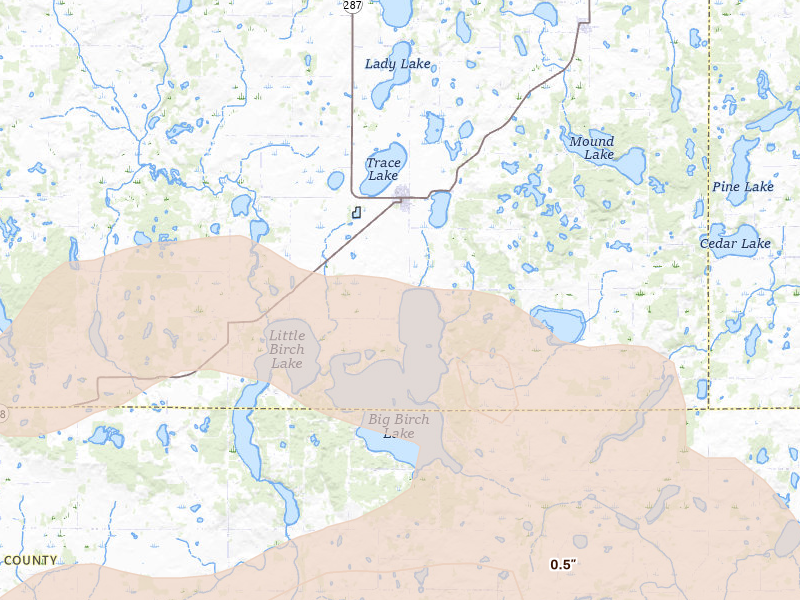 Radar-estimated hail-size map of the storm over Grey Eagle, MN on Aug 8, 2026