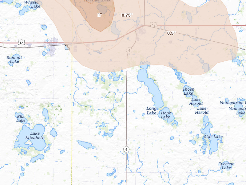 Radar-estimated hail-size map of the storm over Grove City, MN on Jul 4, 2026