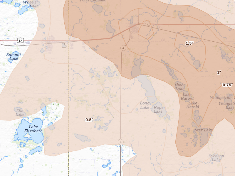 Radar-estimated hail-size map of the storm over Grove City, MN on Aug 7, 2026