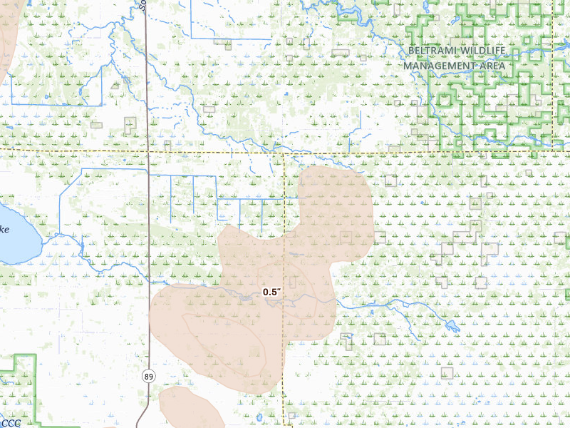 Radar-estimated hail-size map of the storm over Grygla, MN on Jun 10, 2026
