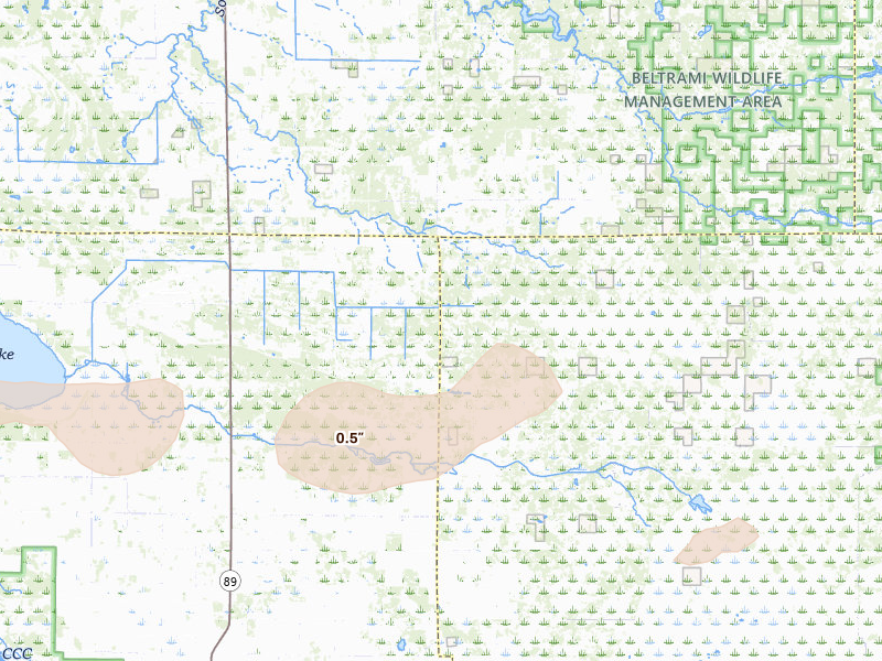 Radar-estimated hail-size map of the storm over Grygla, MN on Jun 15, 2026
