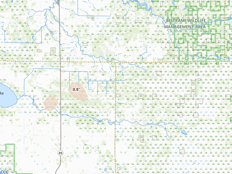 Radar-estimated hail-size map of the storm over Grygla, MN on Jul 16, 2026