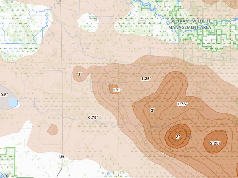 Radar-estimated hail-size map of the storm over Grygla, MN on Jul 24, 2026