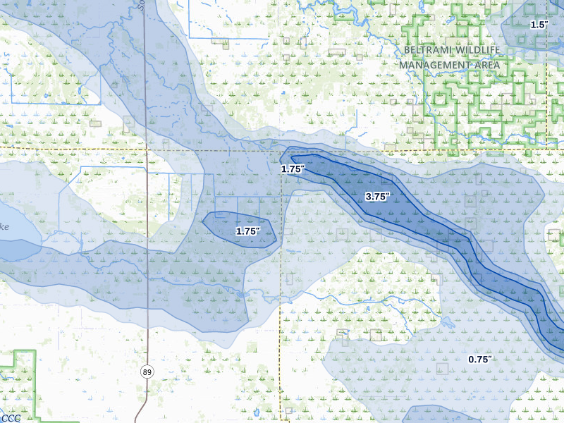 NEXRAD radar-signature map of the hail storm over Grygla, MN on Jul 24, 2026