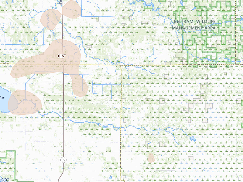 Radar-estimated hail-size map of the storm over Grygla, MN on Jul 30, 2026