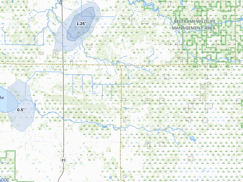 NEXRAD radar-signature map of the hail storm over Grygla, MN on Jul 30, 2026