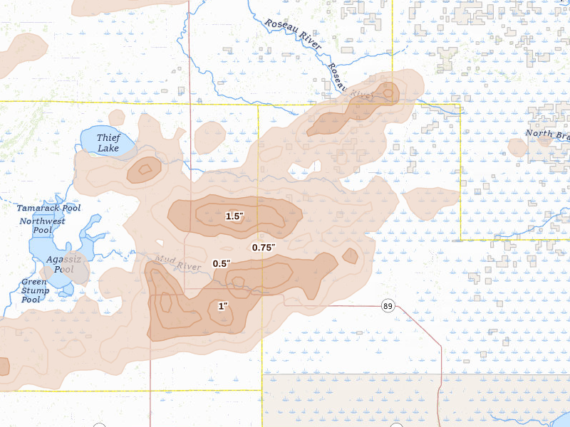 Radar-estimated hail-size map of the storm over Grygla, MN