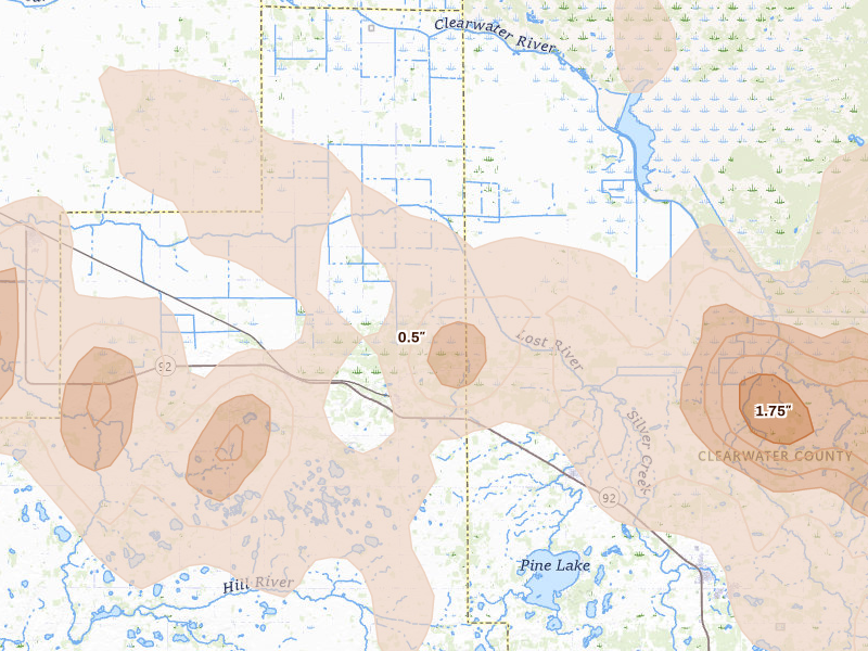 Radar-estimated hail-size map of the storm over Gully, MN on Jul 24, 2026