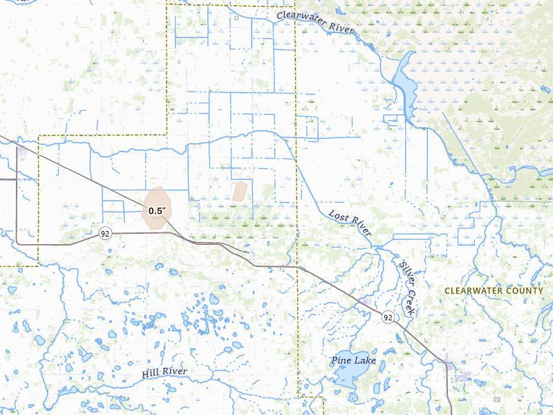 Radar-estimated hail-size map of the storm over Gully, MN on Aug 24, 2026