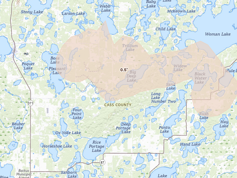 Radar-estimated hail-size map of the storm over Hackensack, MN on Jun 4, 2026